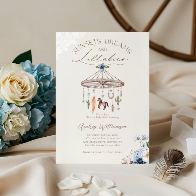 Boho Rustic Wagon Wheel Mobile Western Baby Shower Inbjudningar (Boho Rustic Wagon Wheel Mobile Western Baby Shower Invitation (Front))