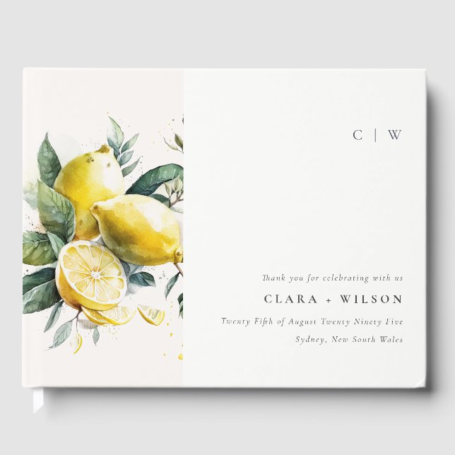 Boho Rustic Watercolor Gult Lemon Garden Wedding Gästböcker (Framsida)