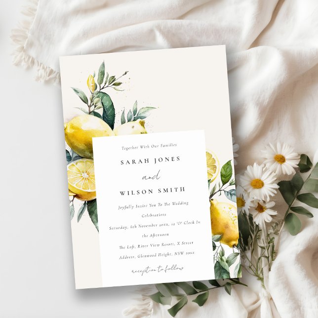 Boho Rustic Watercolor Gult Lemon Garden Wedding Inbjudningar (Skapare uppladdad)