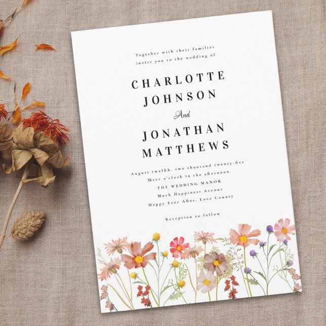 Boho Rustic WildblomBlommigt Inbjudningar (Boho rustic Wildflower floral Wedding invitation Watercolor flowers elegant modern typography script)
