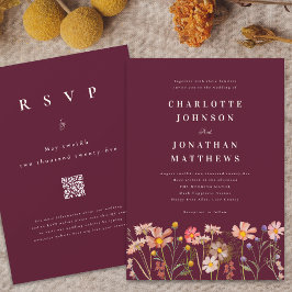 Boho Rustic WildblomBurgundy Bröllop Inbjudningar