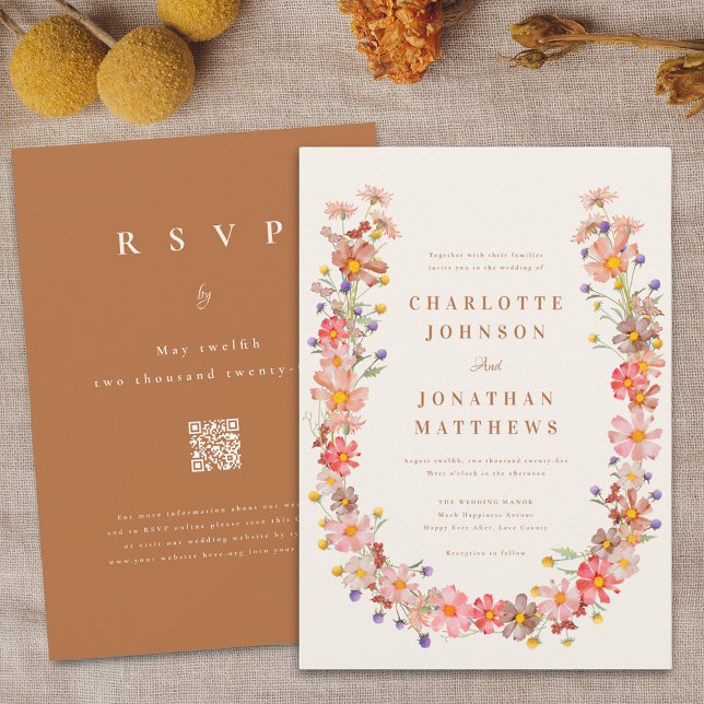 Boho Rustic Wildblomfall Wedding Inbjudningar (Brown fall boho rustic wildflower wreath wedding invitation Watercolor autumn floral )