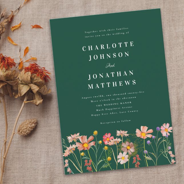 Boho Rustic WildblomGrönt Bröllop Inbjudningar (Boho rustic Wildflower floral dark green Wedding invitation Watercolor flowers elegant modern )