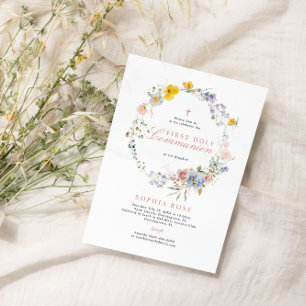 Boho Rustic Wildblommor First Heliga Communion Inbjudningar