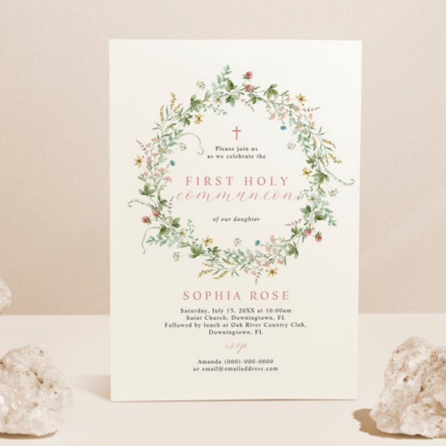 Boho Rustic Wildblommor First Heliga Communion Inbjudningar (Skapare uppladdad)