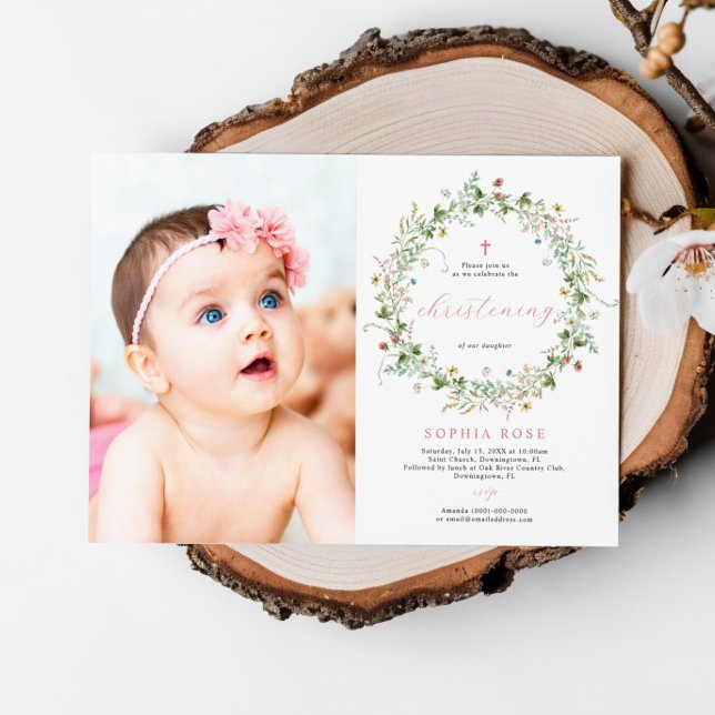 Boho Rustic WildblommPhoto Christening Inbjudningar (Skapare uppladdad)
