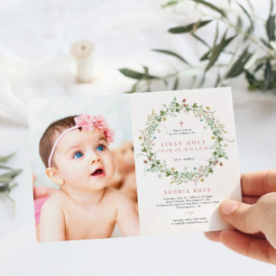 Boho Rustic WildblommPhoto First Heliga Communion Inbjudningar