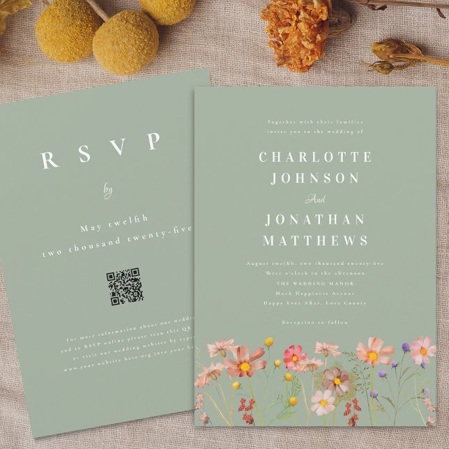 Boho Rustic Wildblomsage Sage Grönt Bröllop Inbjudningar (Boho fall Wildflower floral sage green Wedding qr code invitation Watercolor flowers outdoor meadow)