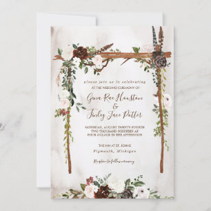 Boho Rustic Wood & Blommigt Arch Canopy Bröllop Inbjudningar