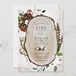 Boho Rustic Wood & Blommigt Burgundy Ro Bröllop Inbjudningar