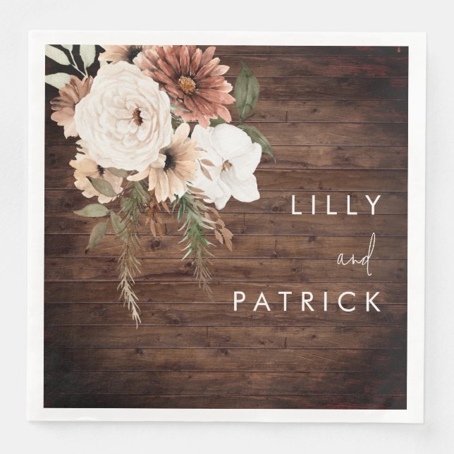 Boho Rustic Wood Blommigt Wedding Reception Party Pappersservett (Framsida)