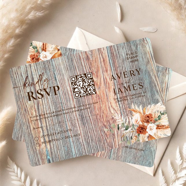 Boho Rustic Wood Grain QR Code RSVP Card OSA Kort (Skapare uppladdad)