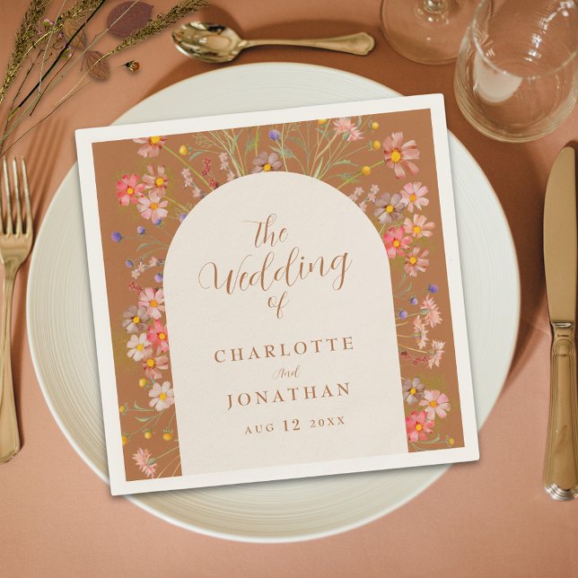 Boho Rustik Blommig Båge Höstbröllop Pappersservett (Terracotta beige boho chic floral arch fall wedding custom napkins elegant modern script wildflower )