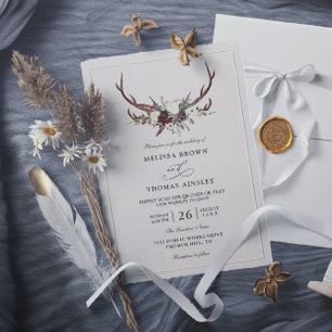 Boho Rustik Blommig Hjorthorn Budget QR-kod Bröllo Inbjudningar