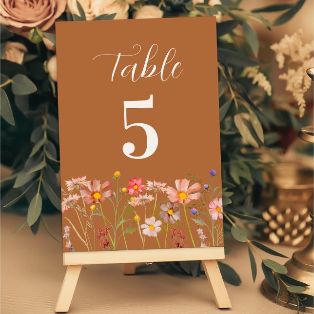 Boho Rustik Blommig Höstbröllop Bordsnummer (Elegant Boho rustic floral fall wedding table number terracotta burnt orange watercolor wildflowers)