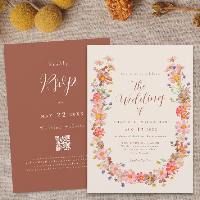 Boho Rustik Blommig Höstbröllop Inbjudningar (Boho fall rustic floral burnt orange beige qr code wedding invitation watercolor wildflower wreath)