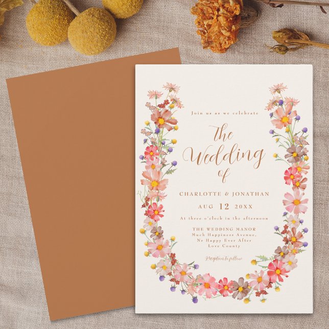 Boho Rustik Blommig Höstbröllop Inbjudningar (Boho rustic floral wreath elegant script fall wedding invitation Watercolor wildflowers terracotta )