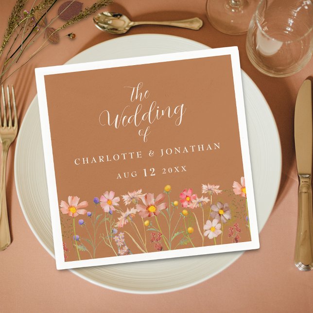 Boho Rustik Blommig Höstbröllop Pappersservett (Elegant terracotta burnt orange Boho rustic floral fall custom wedding napkin watercolor wildflowers)
