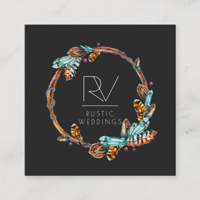 Boho Rustik Fjäderkrans Monogram Fyrkantigt Visitkort (Framsida)