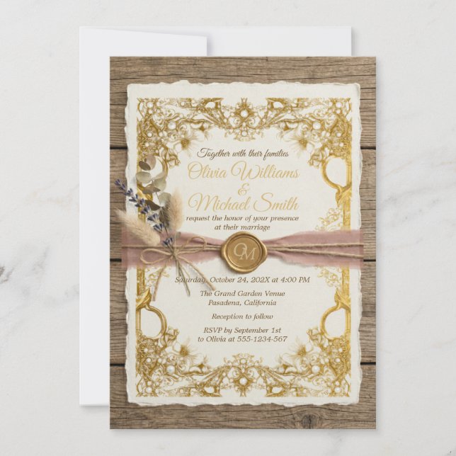 Boho Rustik Guld Blommig Bröllopssvit Elegant Inbjudningar (Framsida)