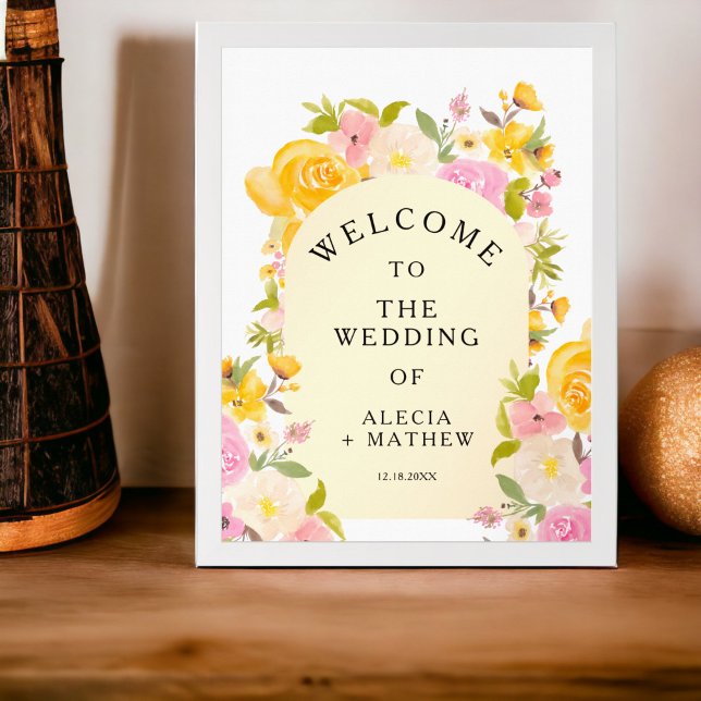 Boho rustik gult rosa Bröllop Välkommen Poster (Boho rustic meadow yellow pink Wedding Welcome Poster)
