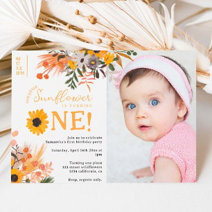Boho rustik orange solblommor foto 1:a födelsedag inbjudningar