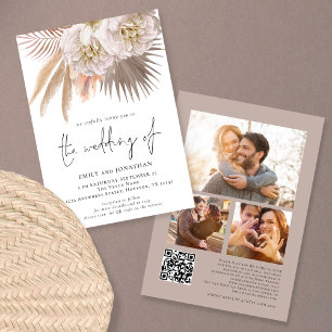 Boho Rustik Pampas Script QR 3 foto Bröllop Inbjudningar