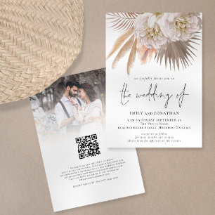 Boho Rustik Pampas Script QR-kod Foto Bröllop Inbjudningar