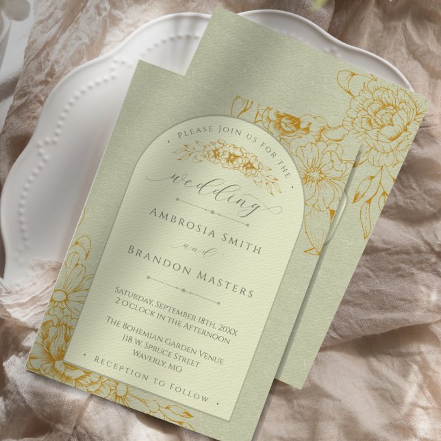 Boho Rustik Saggrön Blommig Båge Bröllop Inbjudningar (An elegant boho sage green wedding invitation with an arch and gold flower outlines)