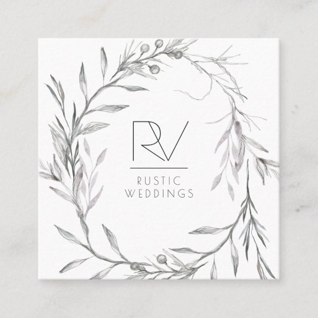 Boho Rustik Skissad Blommig Krans Monogram Fyrkantigt Visitkort (Framsida)