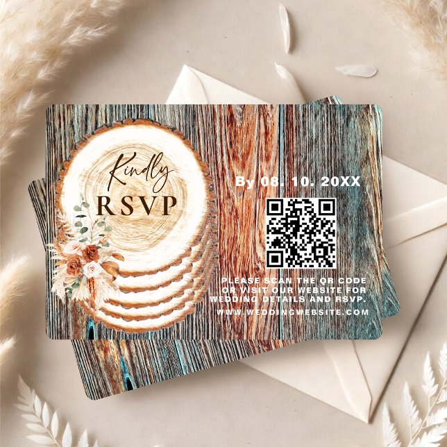 Boho Rustik Träskiva RSVP-kort med QR-kod OSA Kort (Skapare uppladdad)