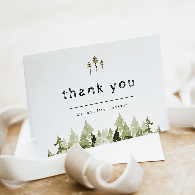 Boho Rustik Vattenfärg Tall Takkort Tack Kort (Modern Mountain Green Pine Tree Folded Thank You Card)