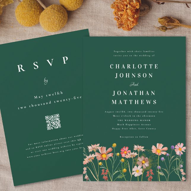 Boho Rustik Vildblomma Grön Bröllop Inbjudningar (Boho fall Wildflower floral dark green Wedding qr code invitation Watercolor flowers elegant modern)