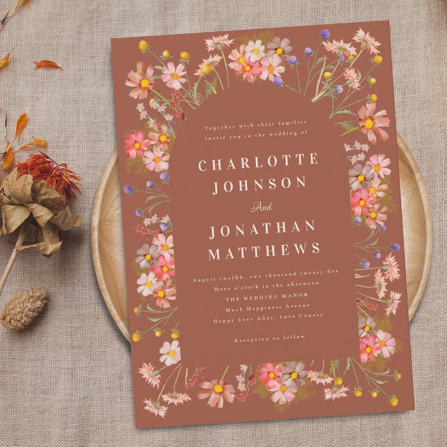 Boho Rustika Vilda Blommor Bränd Orange Bröllop Inbjudningar (Boho wildflower rustic burnt orange fall wedding invitation Watercolor florals elegant modern design)