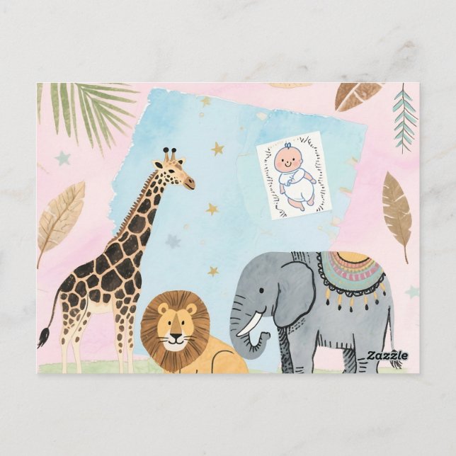 Boho Safari Baby Shower Invite - Pastel Animals Vykort (Baksida)