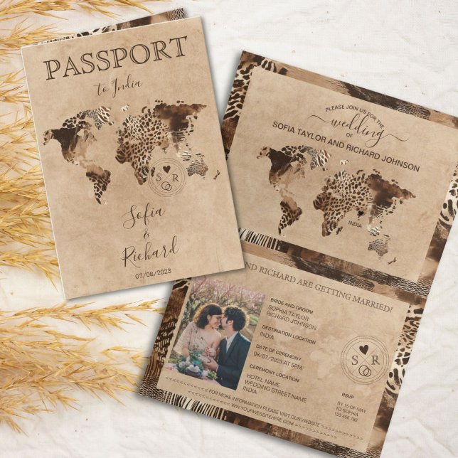 Boho Safari Leopard Bröllop Pass Världskarta Inbjudan (safari leopard world map passport wedding illustration)