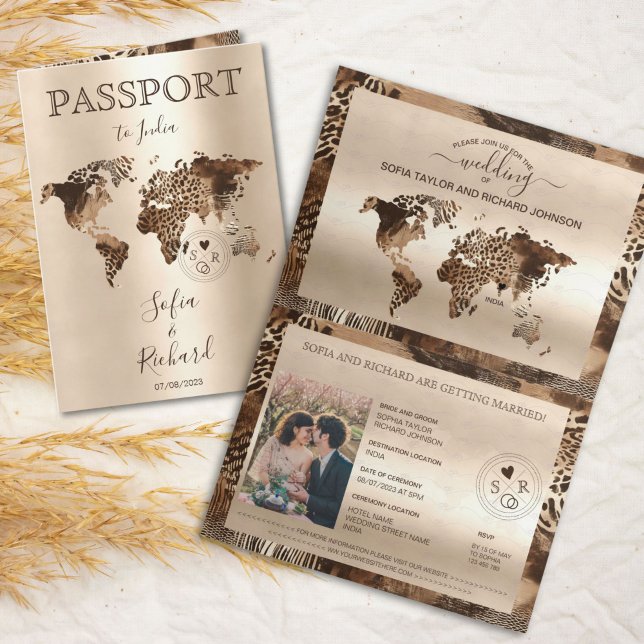 Boho Safari Leopard Bröllop Pass World Map Inbjudan (safari leopard world map passport wedding illustration)