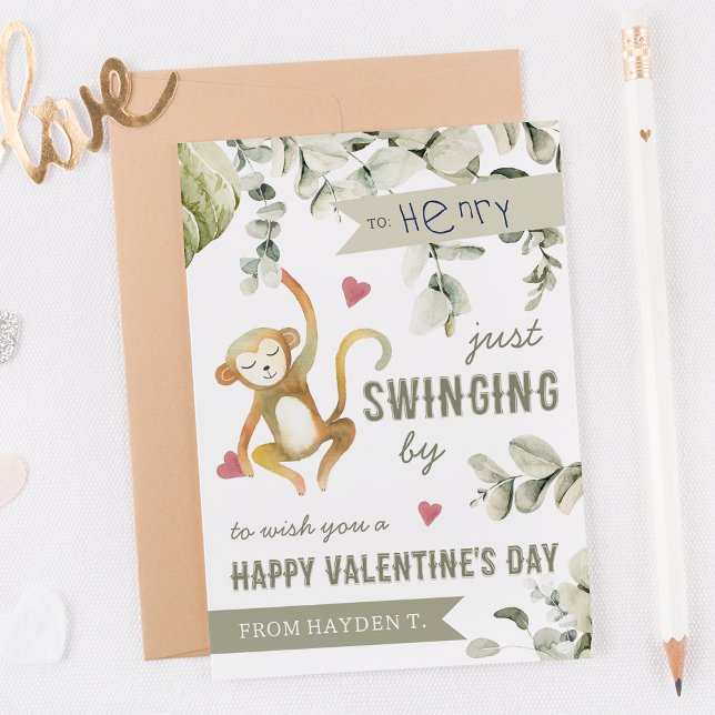 Boho Safari Monkey Classroom Valentines day Card Inbjudningar (Skapare uppladdad)
