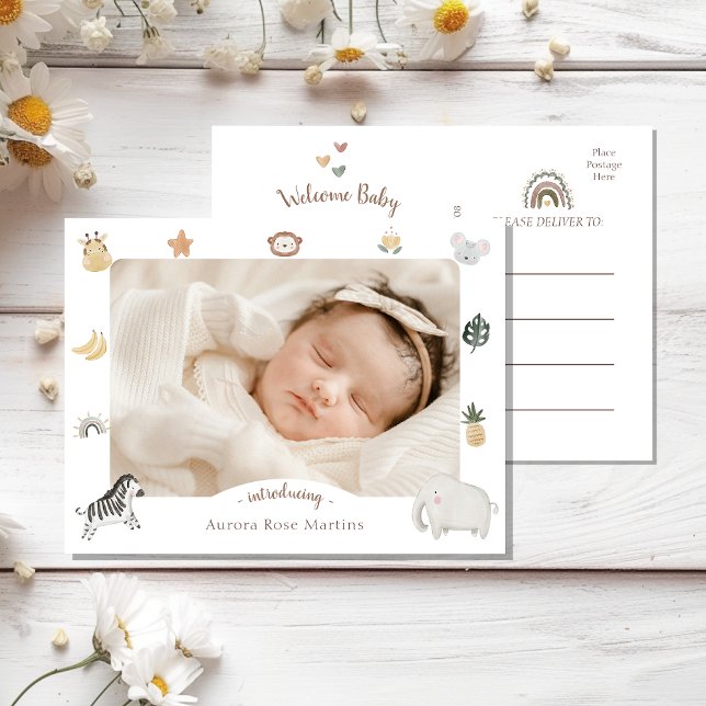 Boho Safari Photo Birth Announcement Postcard Meddelande Vykort (Skapare uppladdad)