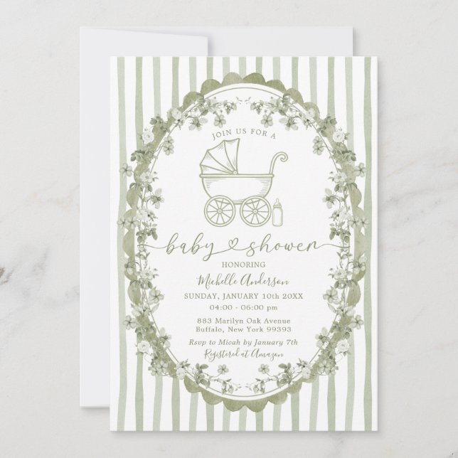 Boho Sage Baby Carriage Rand Bow Baby Shower Inbjudningar (Framsida)