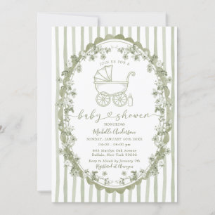 Boho Sage Baby Carriage Rand Bow Baby Shower Inbjudningar