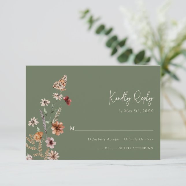 Boho Sage Blommig RSVP-kort OSA Kort (Stående Fram)