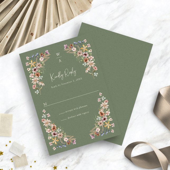 Boho Sage Blommigt OSA kort (Watercolor Boho Sage Green Floral RSVP Card by Painted Paperie
)