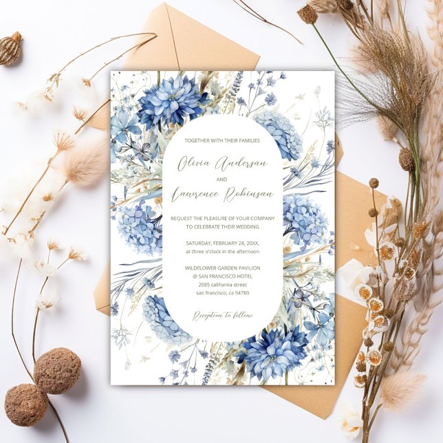 Boho Sage Dusty Blue Wildblommor QR Winter Wedding Inbjudningar (Boho Sage Dusty Blue Wildflowers QR Winter Wedding Invitation)