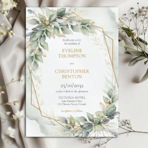 Boho sage eucalyptus löv guld glitter bröllop inbjudningar