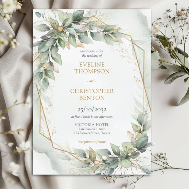 Boho sage eucalyptus löv guld glitter bröllop inbjudningar (Boho Eucalyptus greenery branches faux gold frame wedding invitation template)