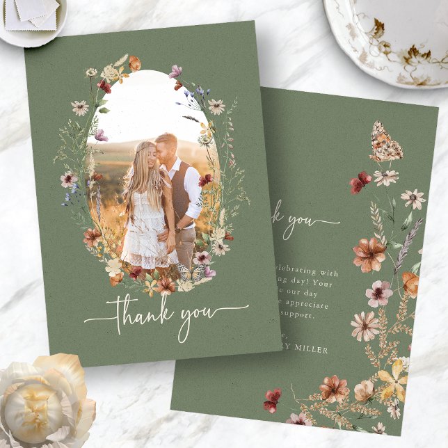 Boho Sage Foto Tackkort Tack Kort (Boho Sage Green Wildflower Photo Thank You Card with Butterfly by Painted Paperie
)
