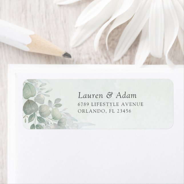 Boho Sage Green Eucalyptus Wedding Address Label Returadress Etikett (Insitu)