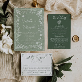 Boho Sage Green Floral Botanical Modern Wedding Inbjudningar