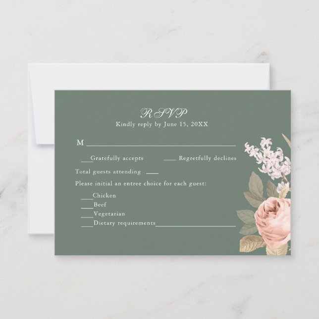 Boho Sage Green Peonies Wedding RSVP Card OSA Kort (Framsida)